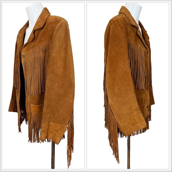 Lariat Tobacco Genuine Suede Leather Fringe Snap Button Western Jacket Size 14 - Picture 5 of 16
